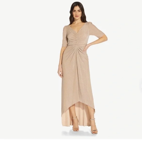 Adrianna Papell Dresses & Skirts - ADRIANNA PAPELL METALLIC KNIT RUCHED LONG HIGH/LOW GOWN IN CHAMPAGNE